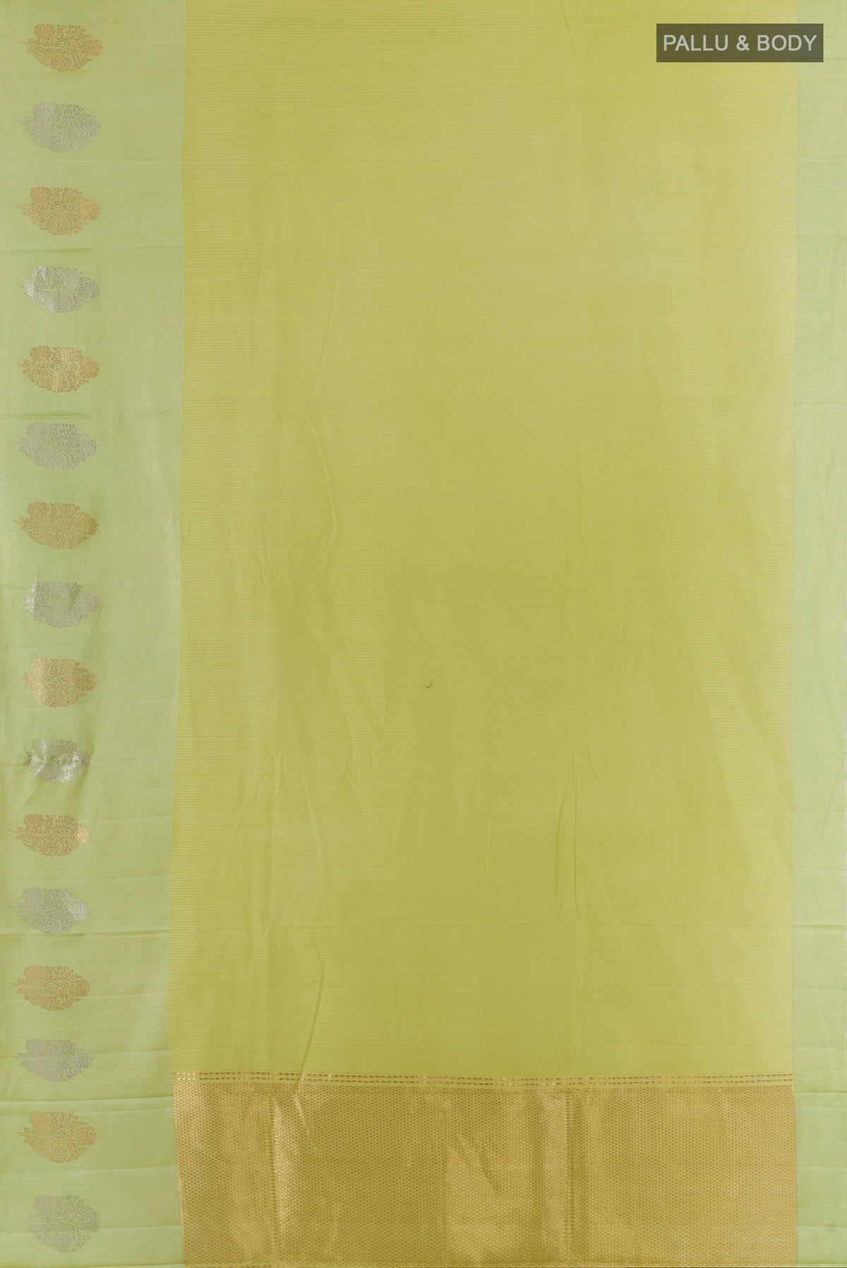 Flat view of Pure Silk Green Banarasi Katan Saree with Stripes on the body and Zari Border. 