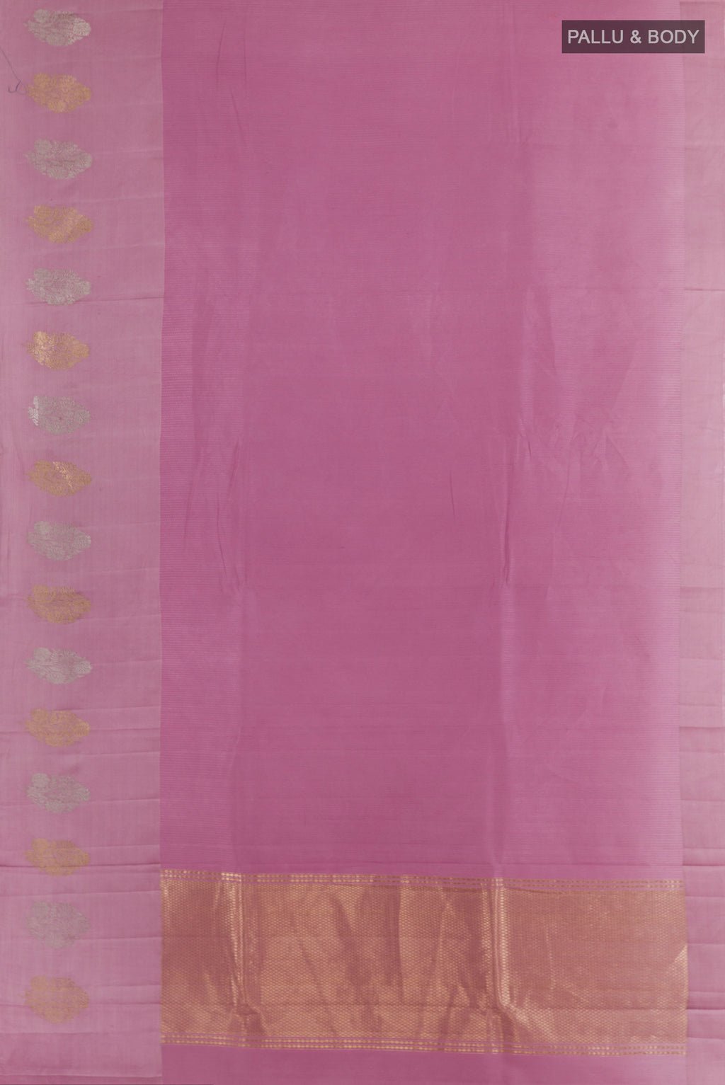 Flat view of Pure Silk Lavender Banarasi Katan Saree with Stripes on the body and Zari Border. 