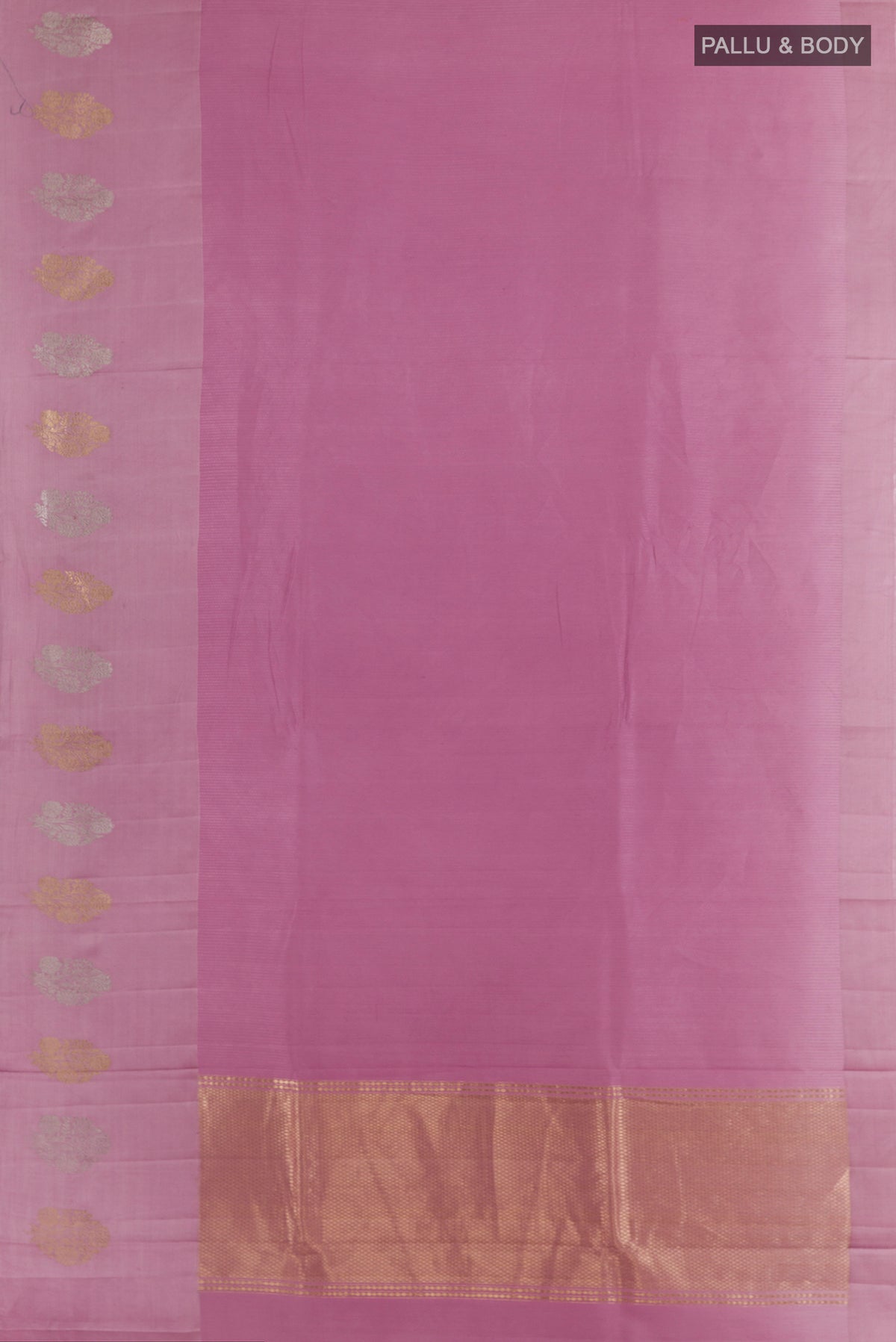 Flat view of Pure Silk Lavender Banarasi Katan Saree with Stripes on the body and Zari Border. 