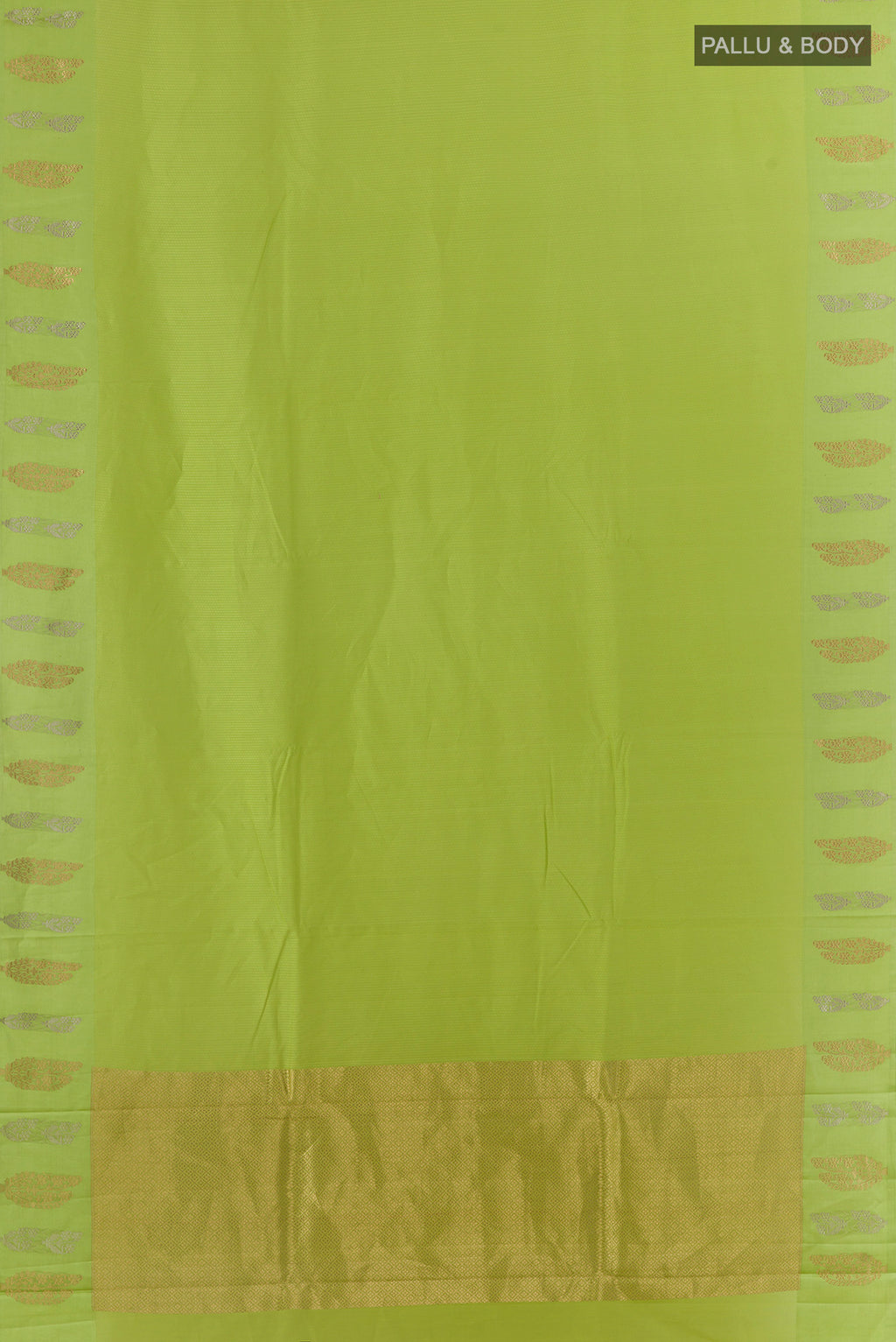 Flat view of Pure Silk Green Banarasi Katan Saree with Stripes on the body and Zari Border. 