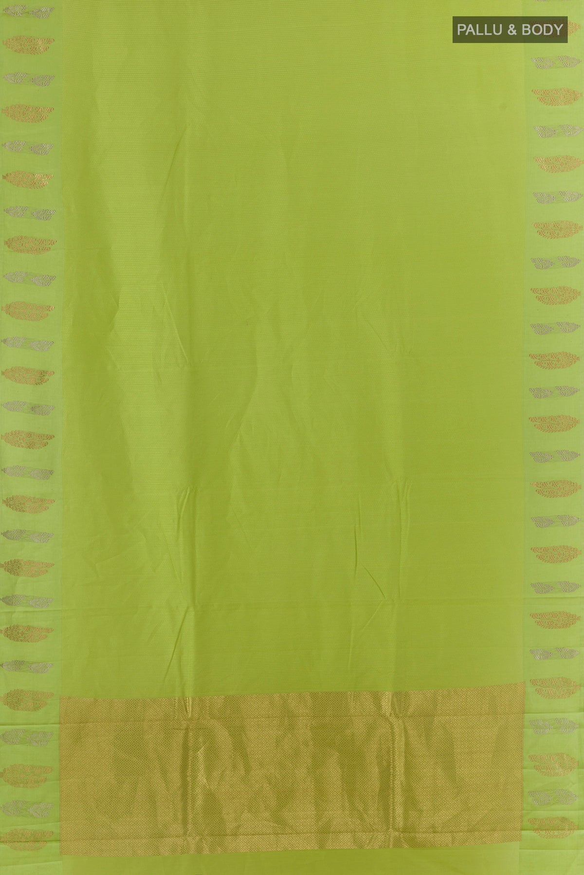 Flat view of Pure Silk Green Banarasi Katan Saree with Stripes on the body and Zari Border. 