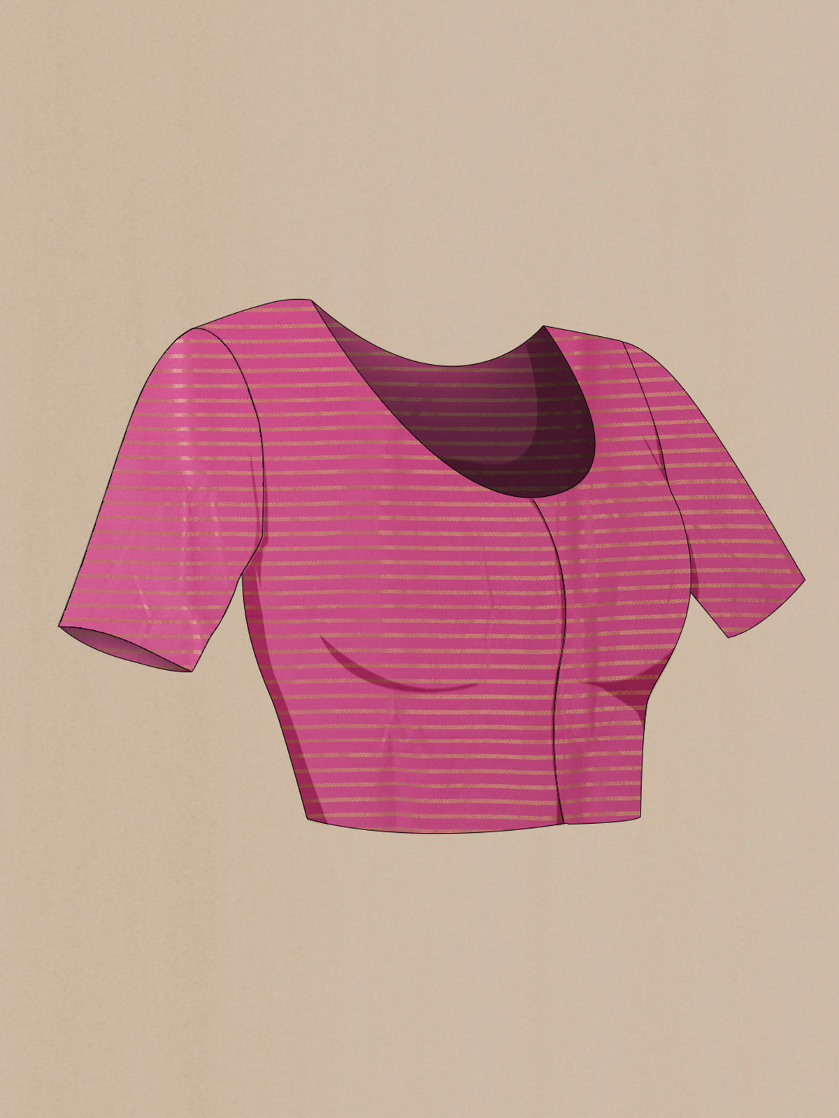 Close up image of the blouse of Pure Silk Pink Banarasi Katan Saree with Stripes on the body and Zari Border. 