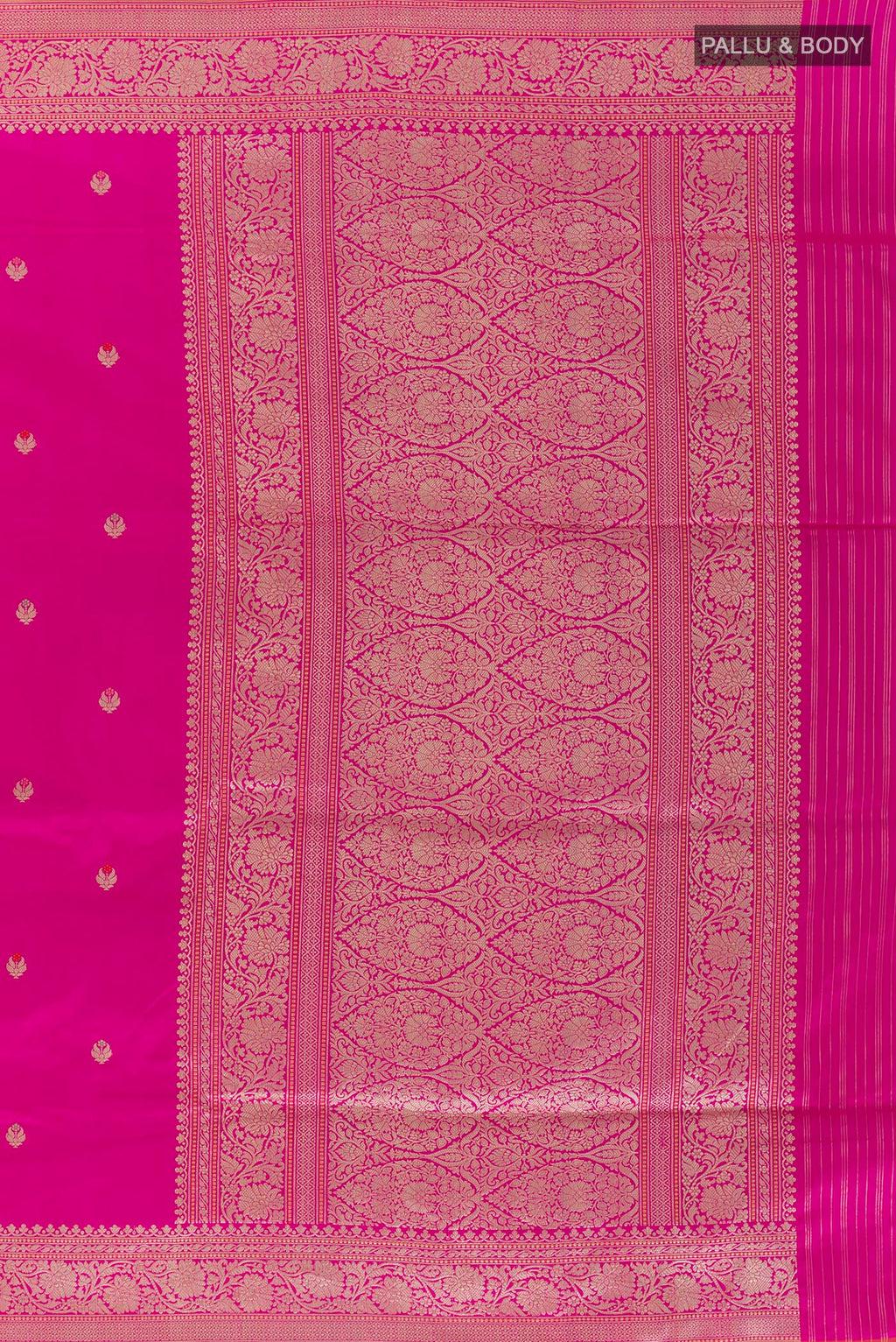 Close up image of the pallu of Pure Silk Rani Pink Banarasi Saree with Zari Butta on the body and Zari Border. 