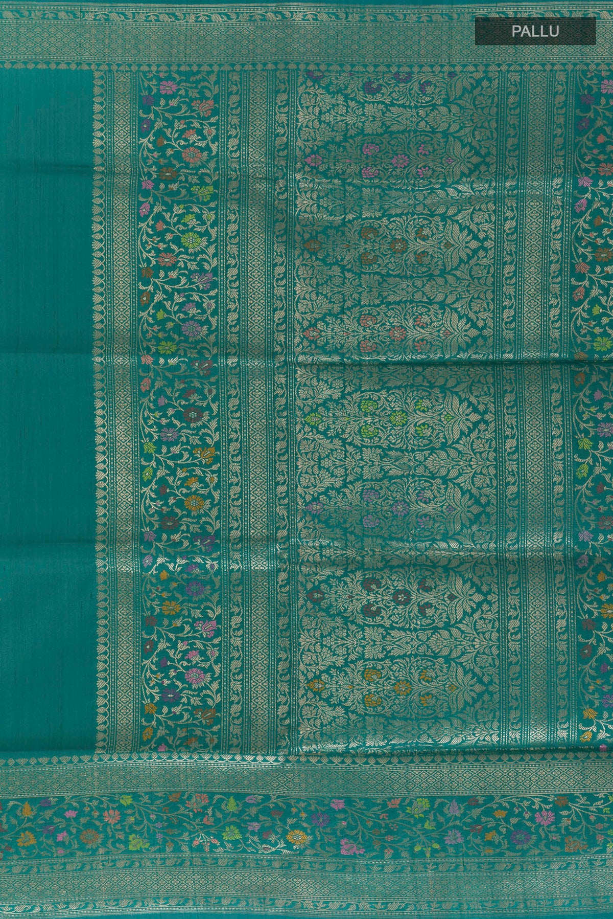 Close up image of the pallu of Pure Silk Sea Green Banarasi Tussar Saree with Zari Butta on the body and Zari Border. 