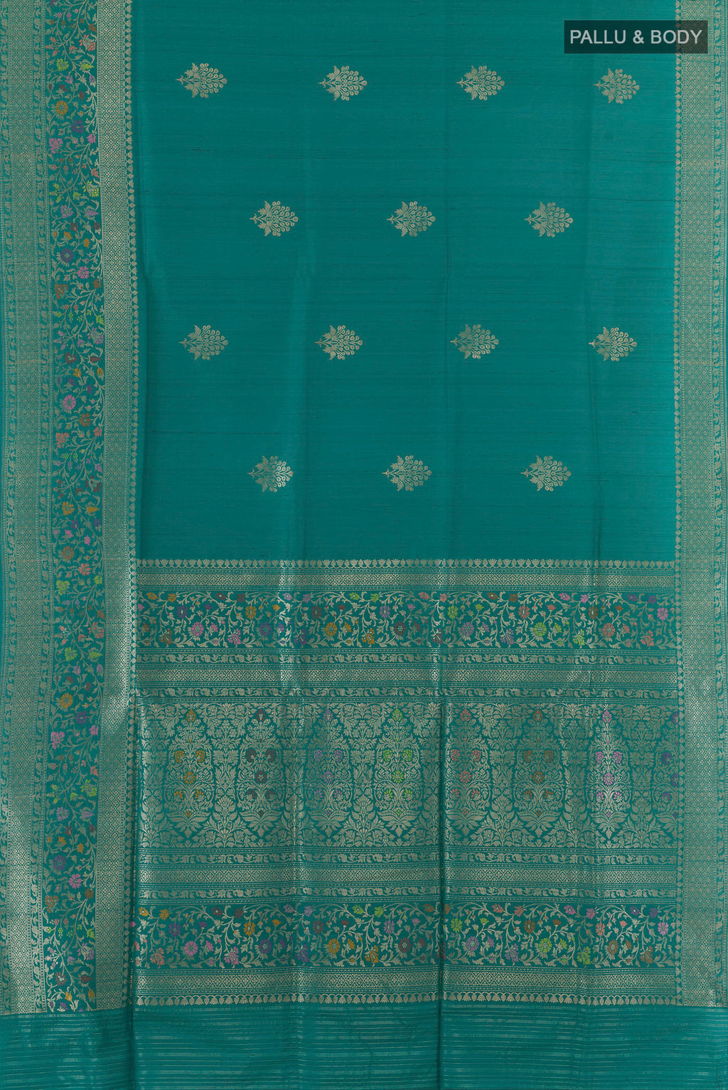 Flat view of Pure Silk Sea Green Banarasi Tussar Saree with Zari Butta on the body and Zari Border. 