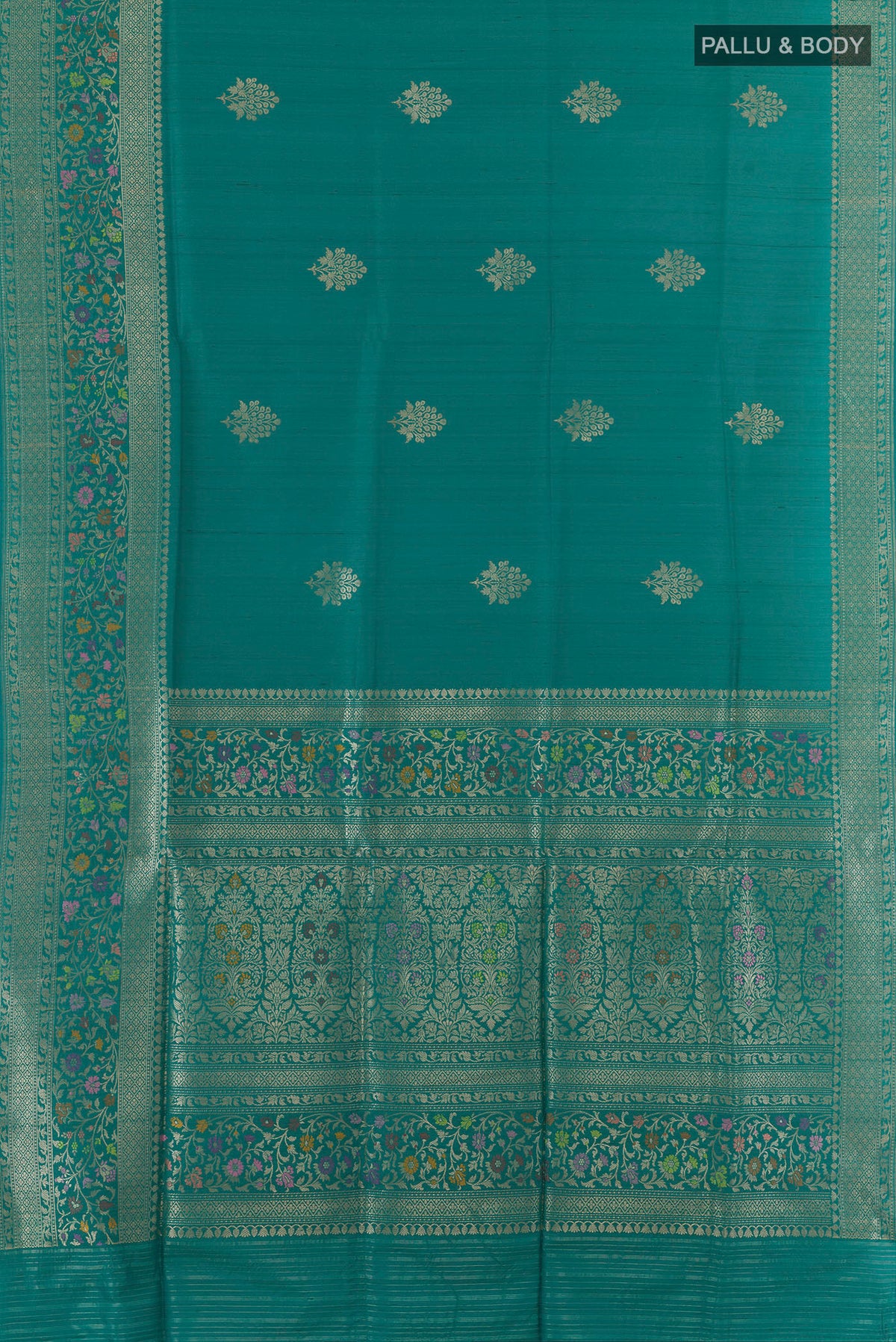 Flat view of Pure Silk Sea Green Banarasi Tussar Saree with Zari Butta on the body and Zari Border. 