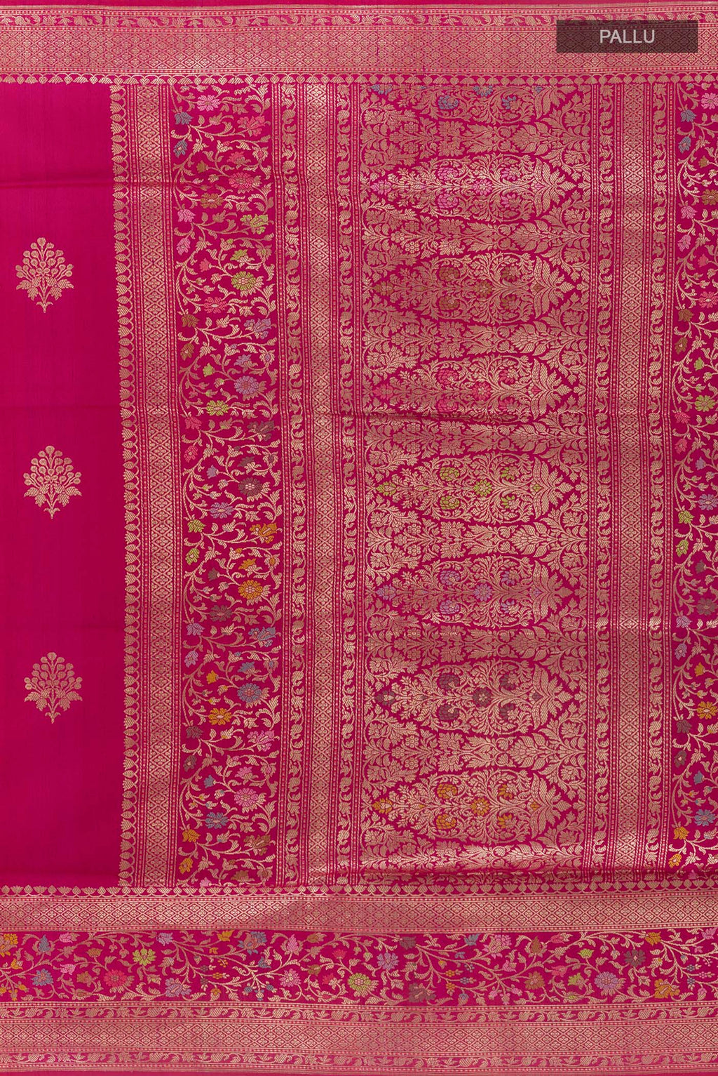 Close up image of the pallu of Dark Pink Banarasi Tussar Saree with Zari Butta on the body and Zari Border. 