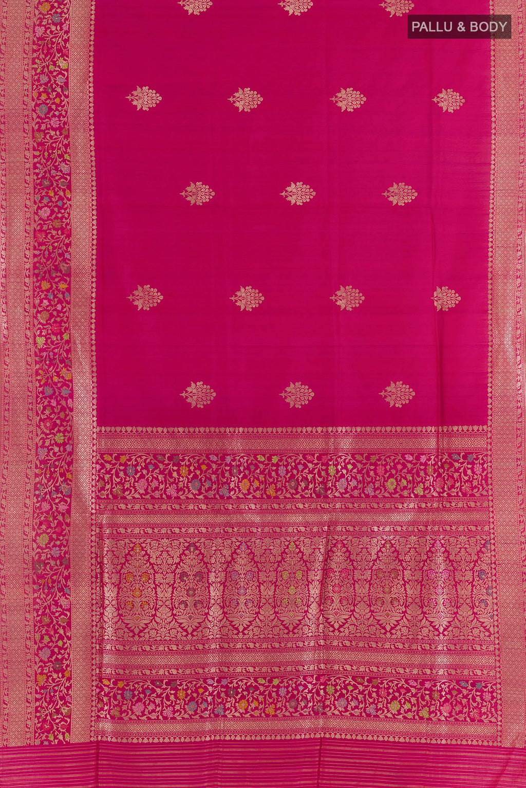 Flat view of Dark Pink Banarasi Tussar Saree with Zari Butta on the body and Zari Border. 