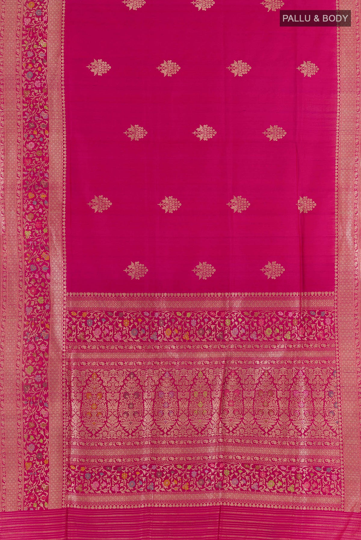 Flat view of Dark Pink Banarasi Tussar Saree with Zari Butta on the body and Zari Border. 