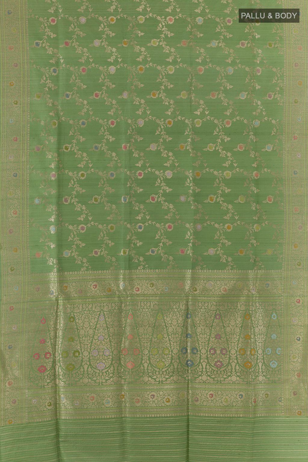 Flat view of Pure Silk Green Banarasi Tussar Saree with Zari Brocade on the body and Zari Border. 