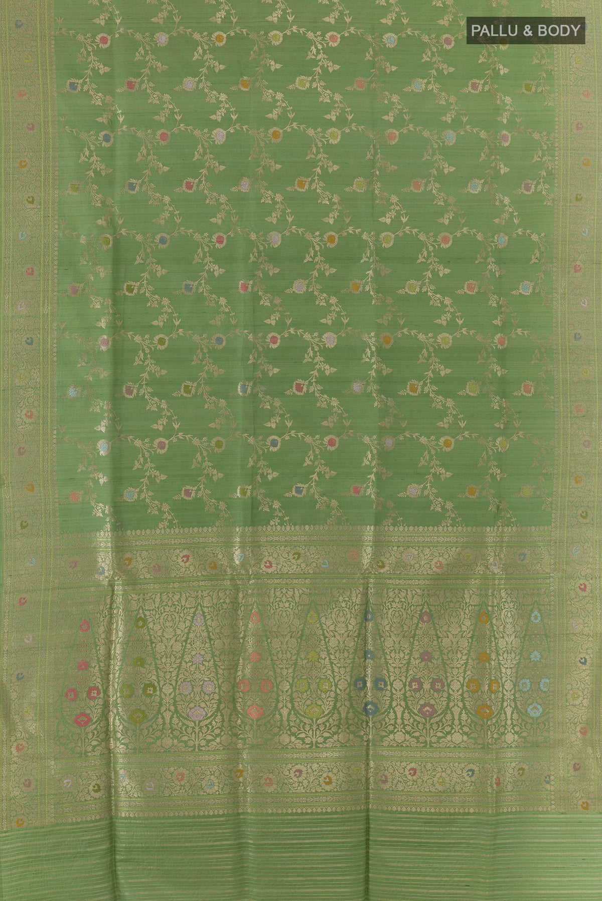 Flat view of Pure Silk Green Banarasi Tussar Saree with Zari Brocade on the body and Zari Border. 