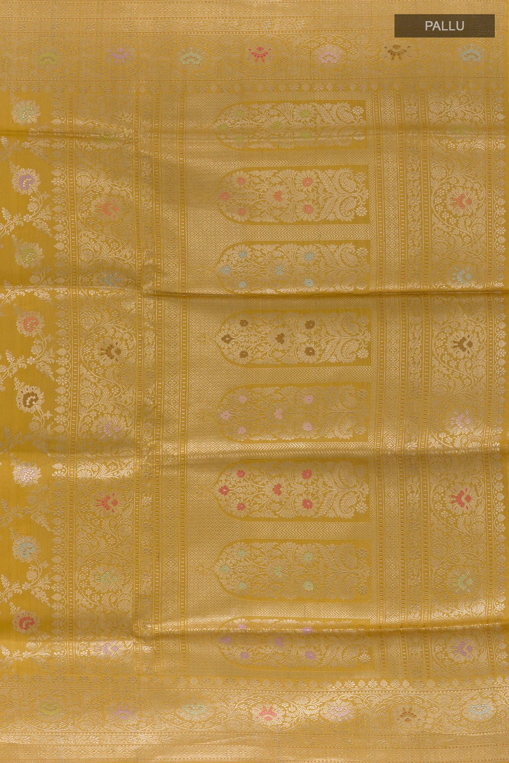 Close up image of the pallu of Pure Silk Yellow Banarasi Saree with Zari Brocade on the body and Zari Border. 