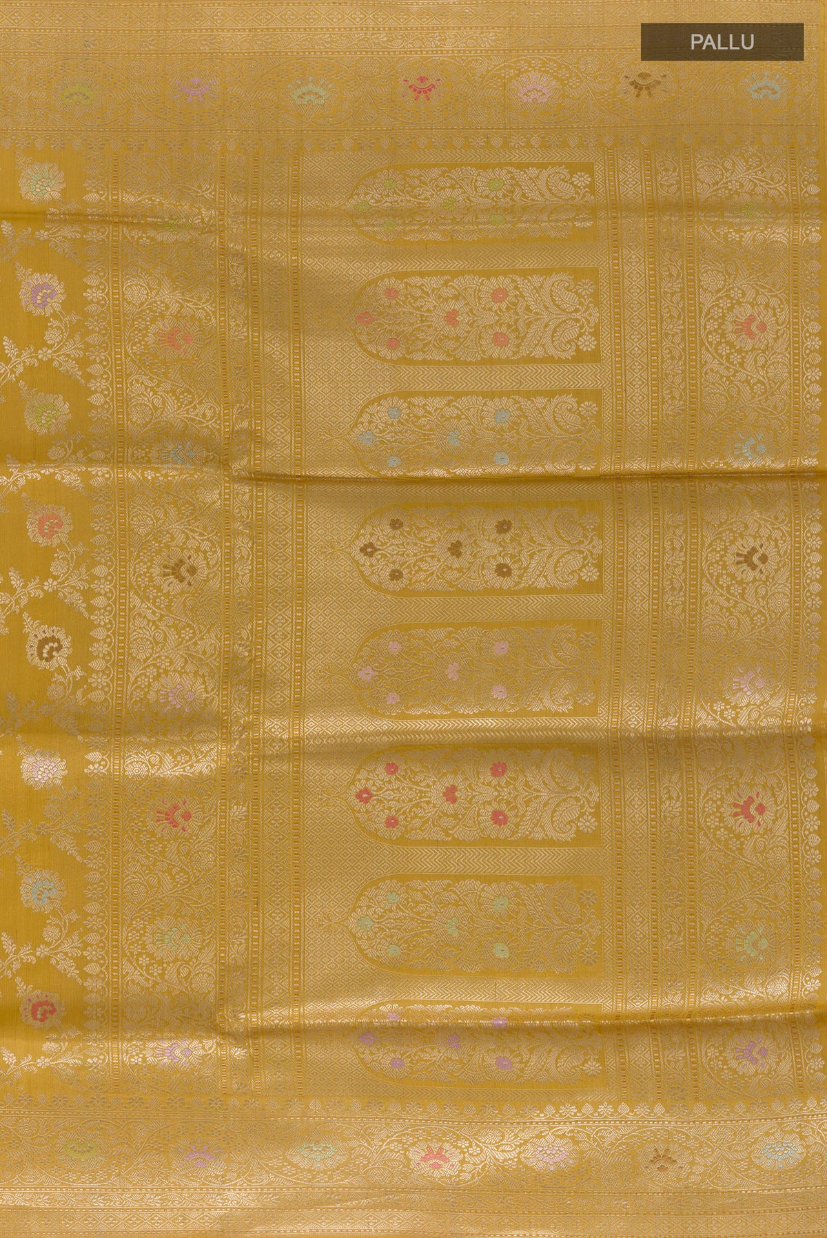 Close up image of the pallu of Pure Silk Yellow Banarasi Saree with Zari Brocade on the body and Zari Border. 