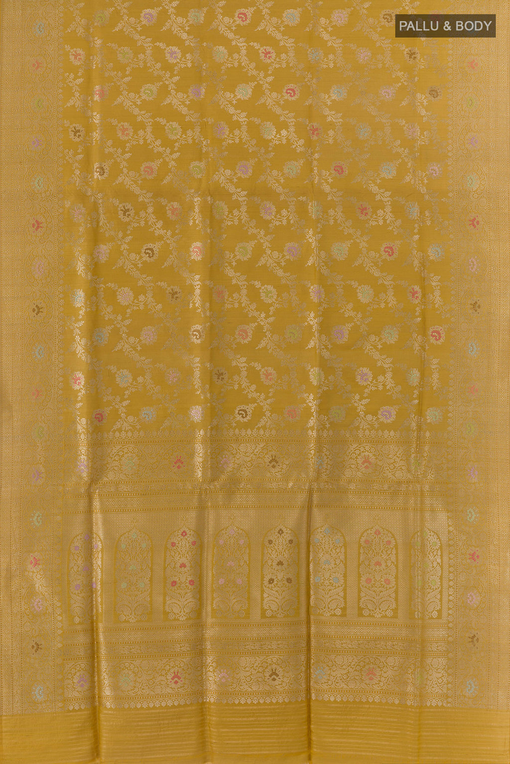 Flat view of Pure Silk Yellow Banarasi Saree with Zari Brocade on the body and Zari Border. 