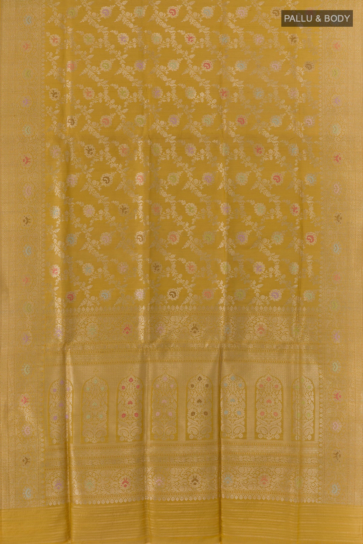 Flat view of Pure Silk Yellow Banarasi Saree with Zari Brocade on the body and Zari Border. 