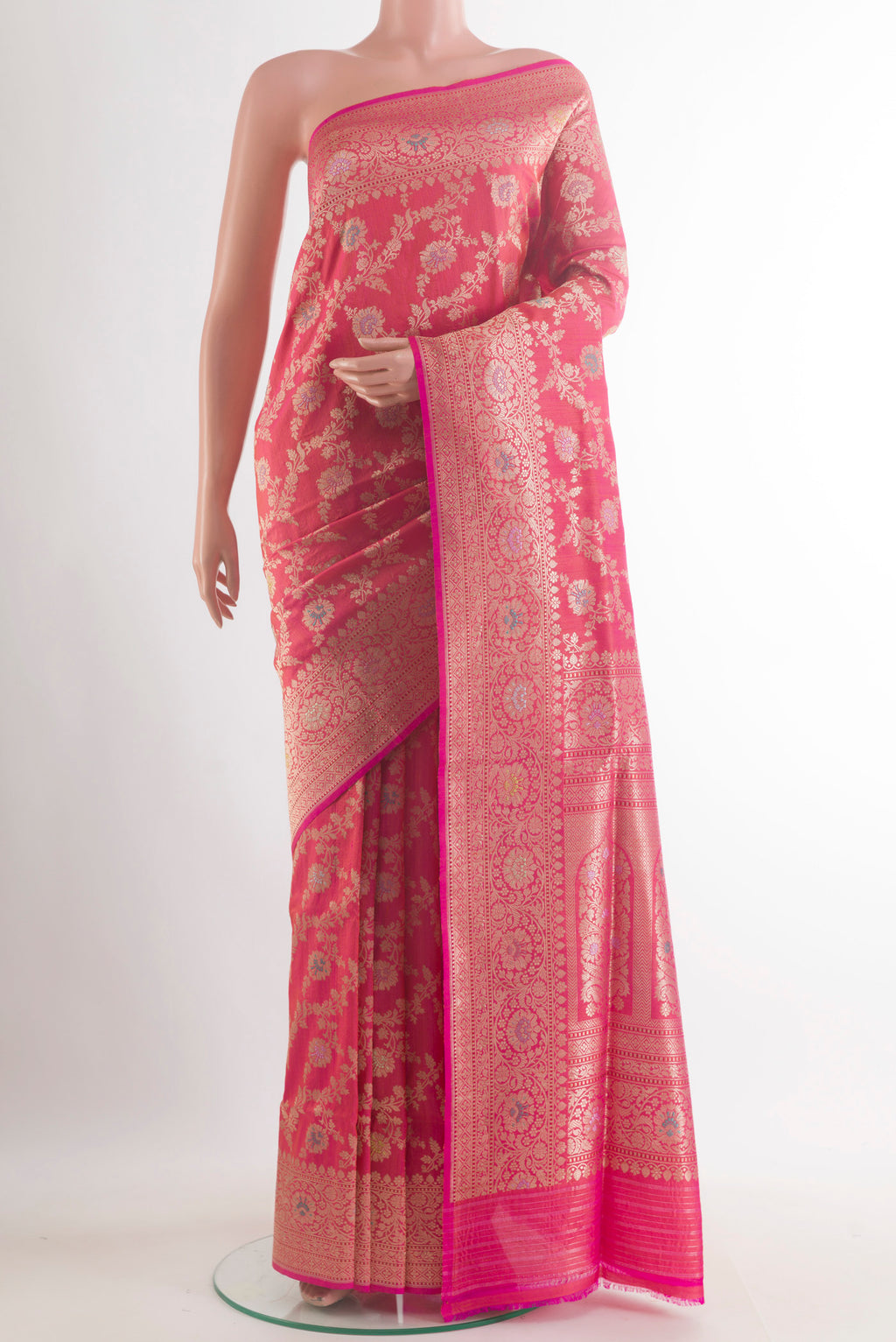 Pure Silk Pink Banarasi Tussar Saree with Zari Brocade on the body and Zari Border.  displayed on a mannequin