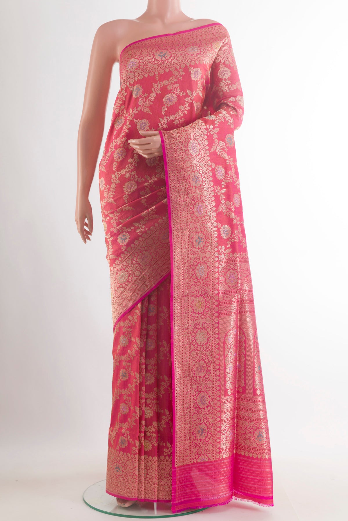 Pure Silk Pink Banarasi Tussar Saree with Zari Brocade on the body and Zari Border.  displayed on a mannequin