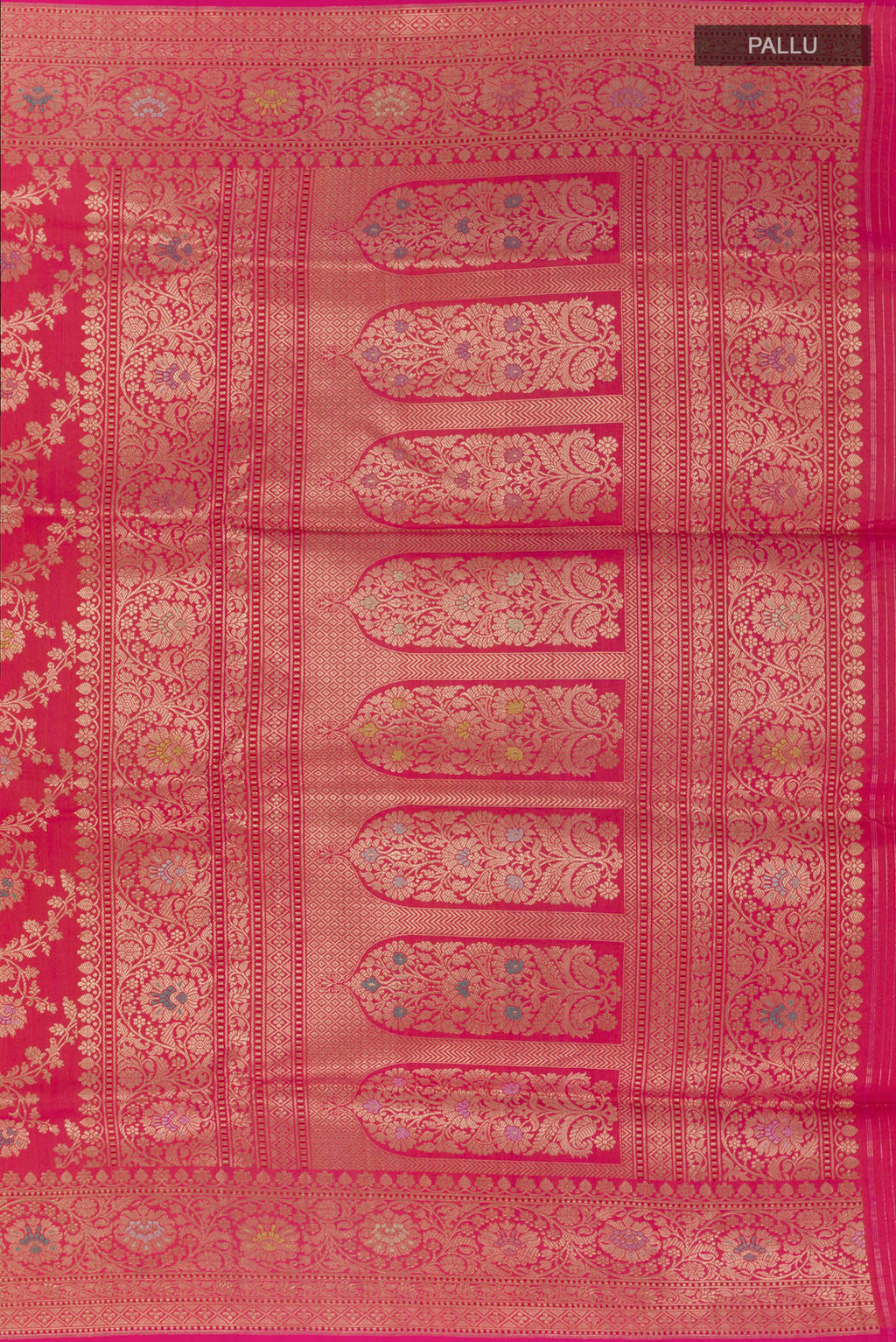 Close up image of the pallu of Pure Silk Pink Banarasi Tussar Saree with Zari Brocade on the body and Zari Border. 
