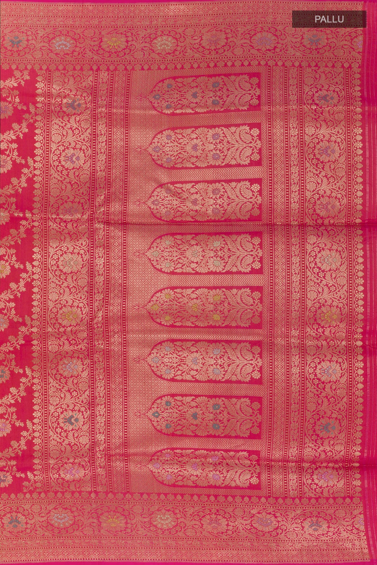 Close up image of the pallu of Pure Silk Pink Banarasi Tussar Saree with Zari Brocade on the body and Zari Border. 