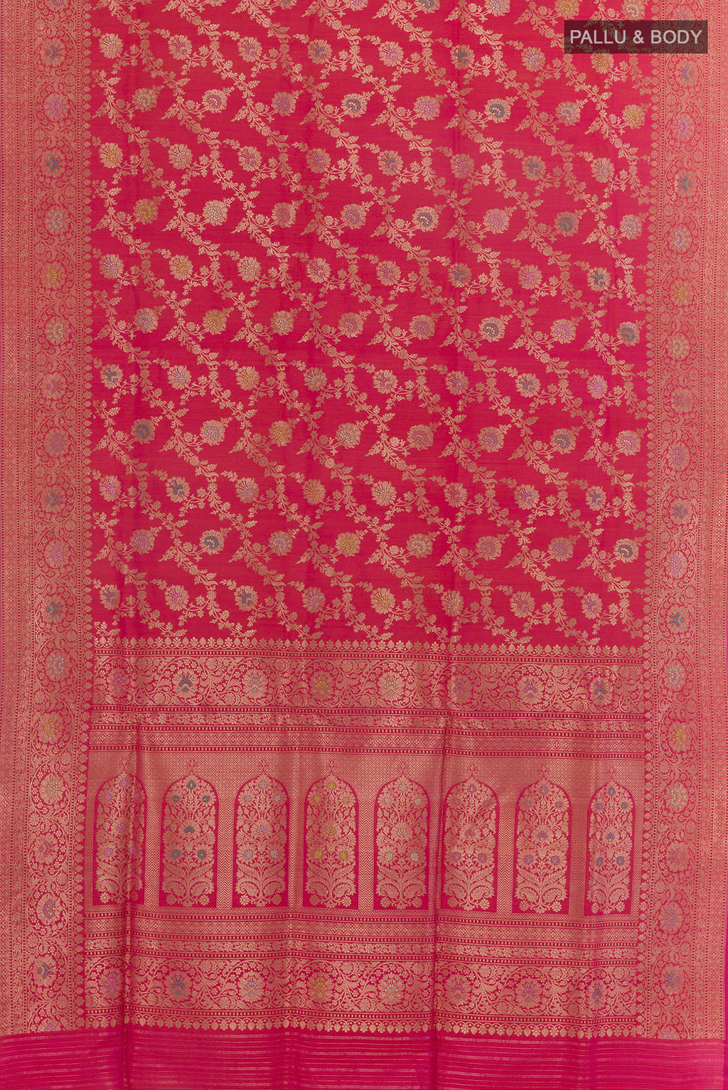 Flat view of Pure Silk Pink Banarasi Tussar Saree with Zari Brocade on the body and Zari Border. 