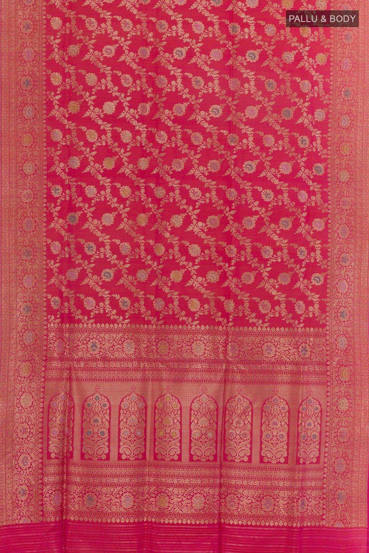 Flat view of Pure Silk Pink Banarasi Tussar Saree with Zari Brocade on the body and Zari Border. 