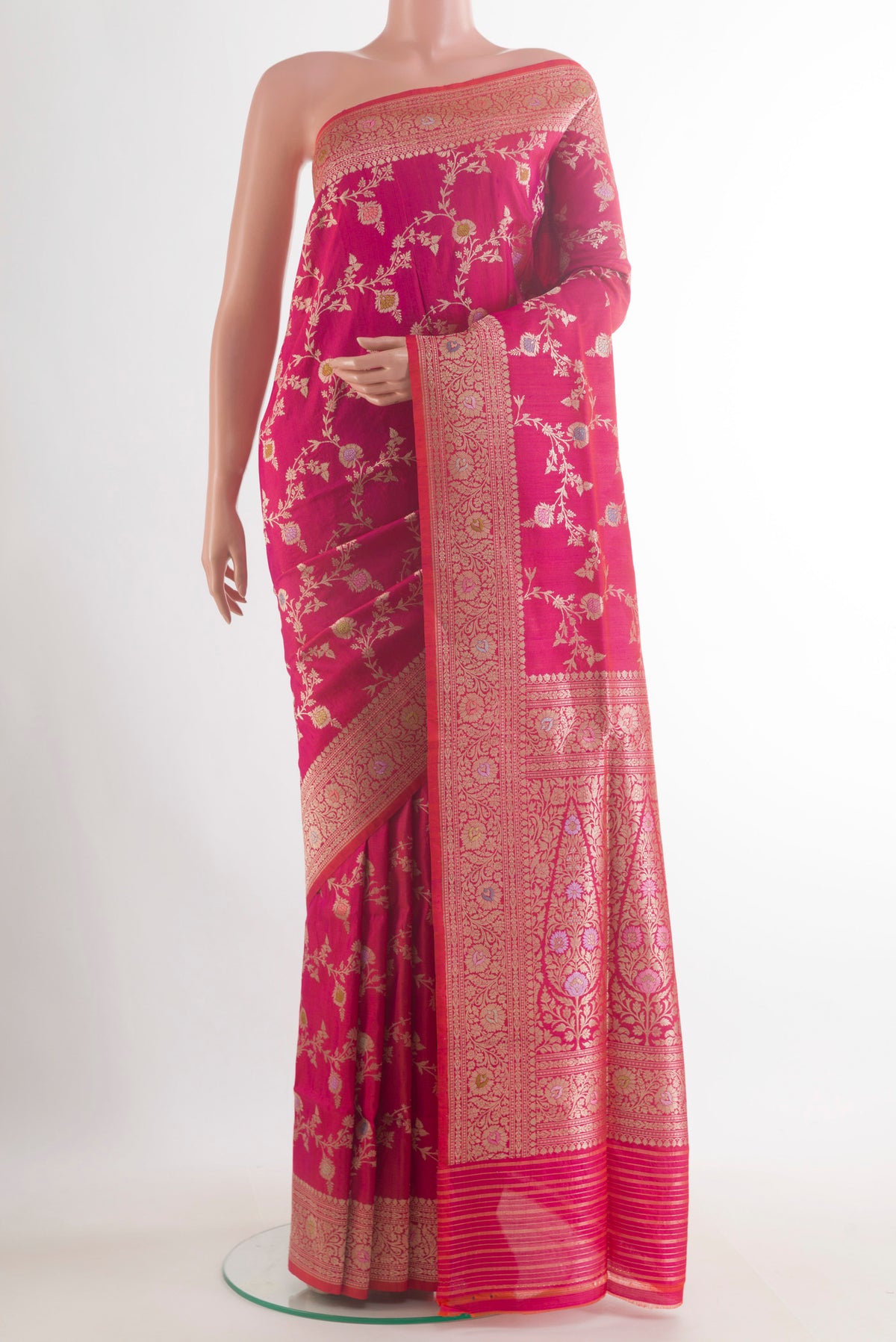 Pure Silk Pink Banarasi Tussar Saree with Zari Brocade on the body and Zari Border.  displayed on a mannequin