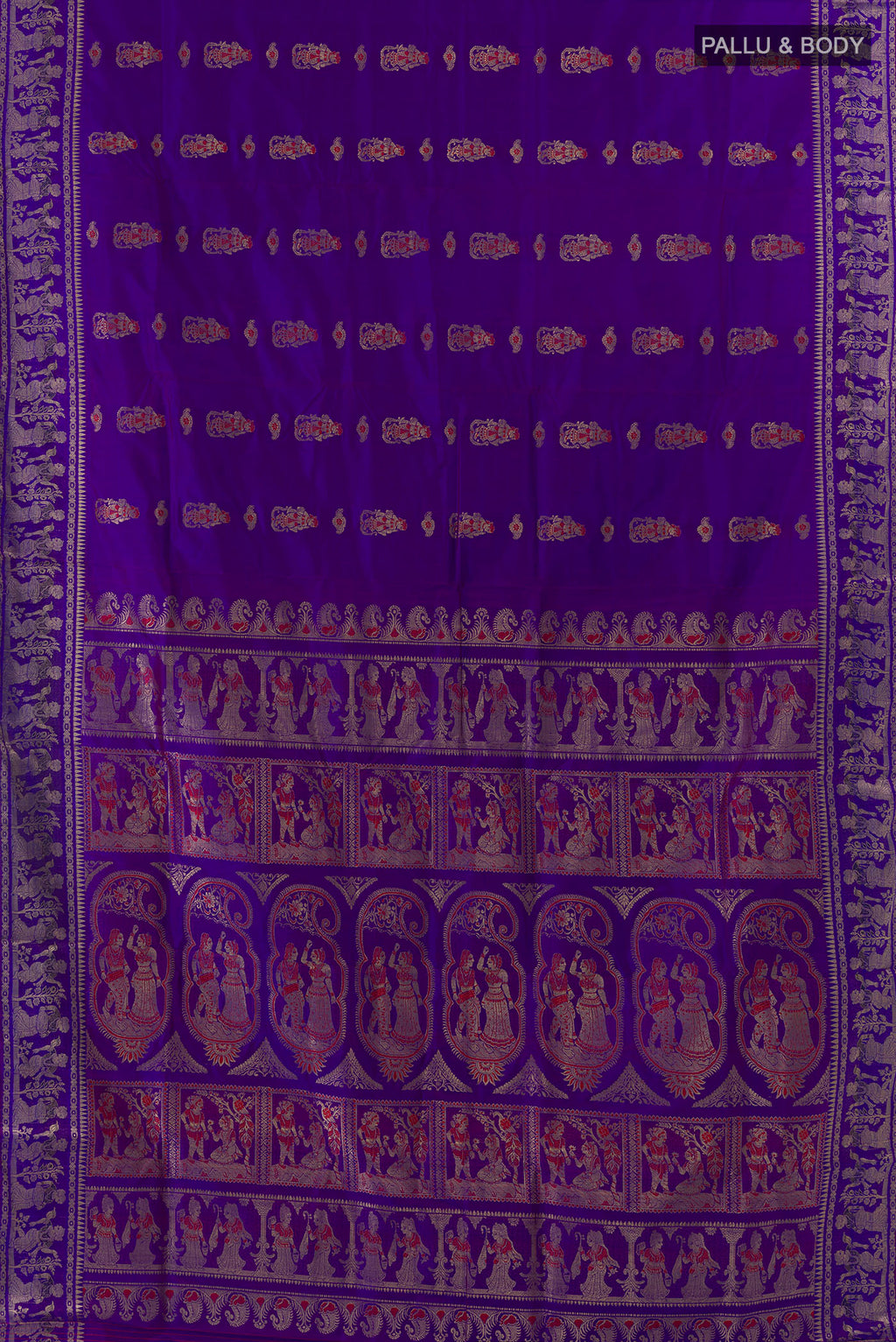 Flat view of Pure Silk Purple Baluchari Saree with Zari And Thread Butta on the body and Zari Border. 