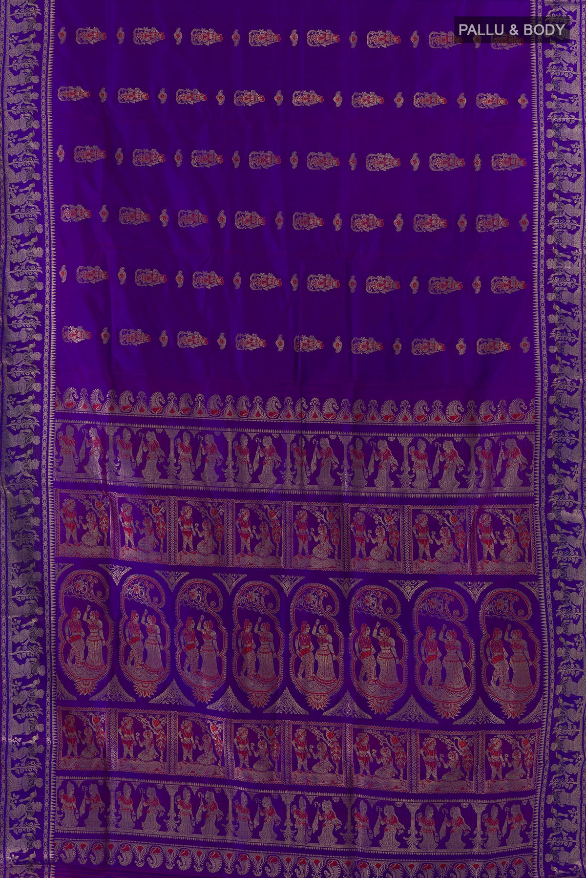 Flat view of Pure Silk Purple Baluchari Saree with Zari And Thread Butta on the body and Zari Border. 