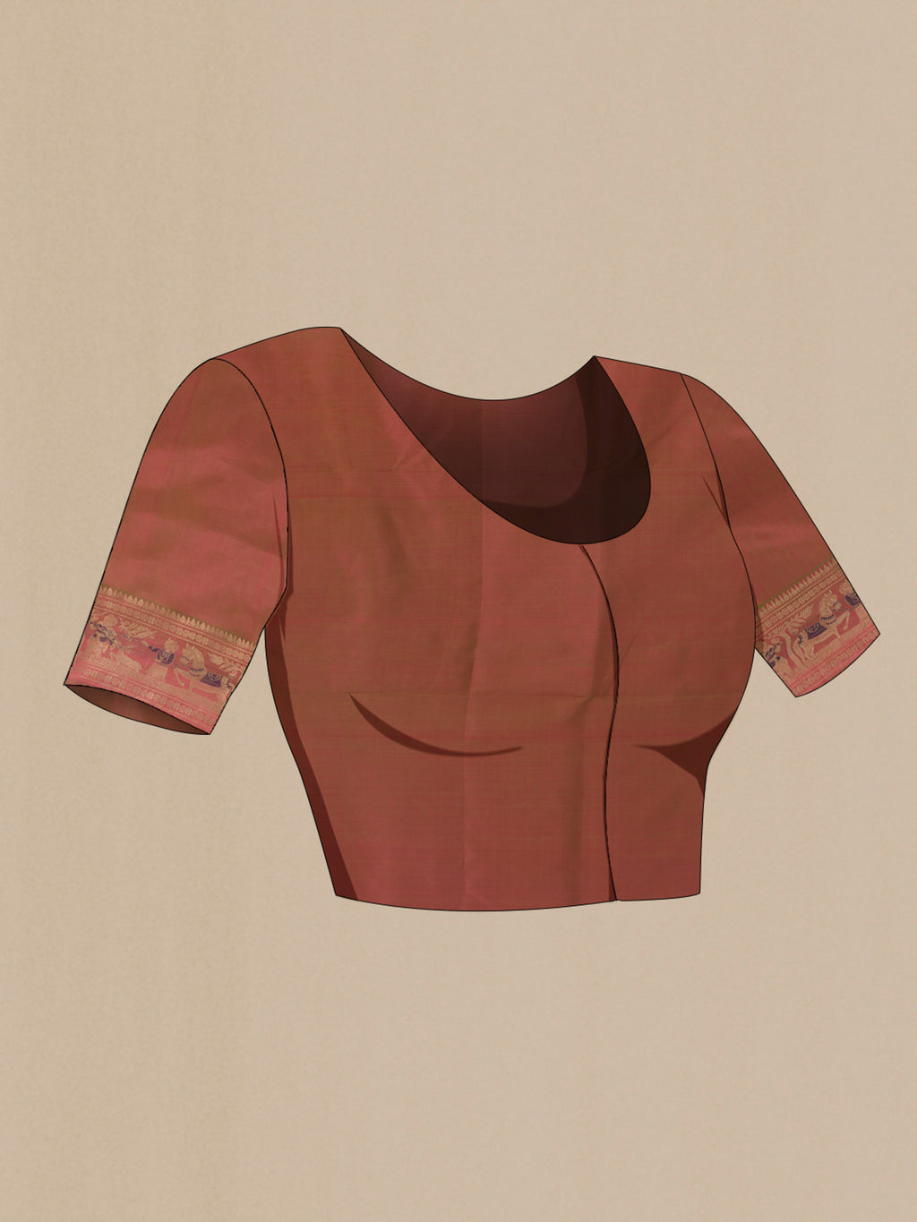 Close up image of the blouse of Pure Silk Brown Baluchari Saree with Zari And Thread Butta on the body and Zari Border. 