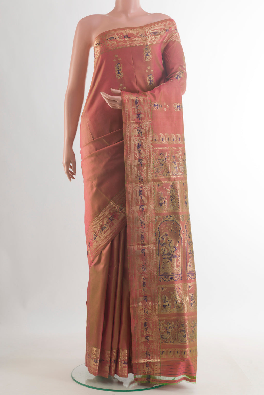 Pure Silk Brown Baluchari Saree with Zari And Thread Butta on the body and Zari Border.  displayed on a mannequin