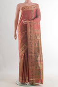 Pure Silk Brown Baluchari Saree with Zari And Thread Butta on the body and Zari Border.  displayed on a mannequin