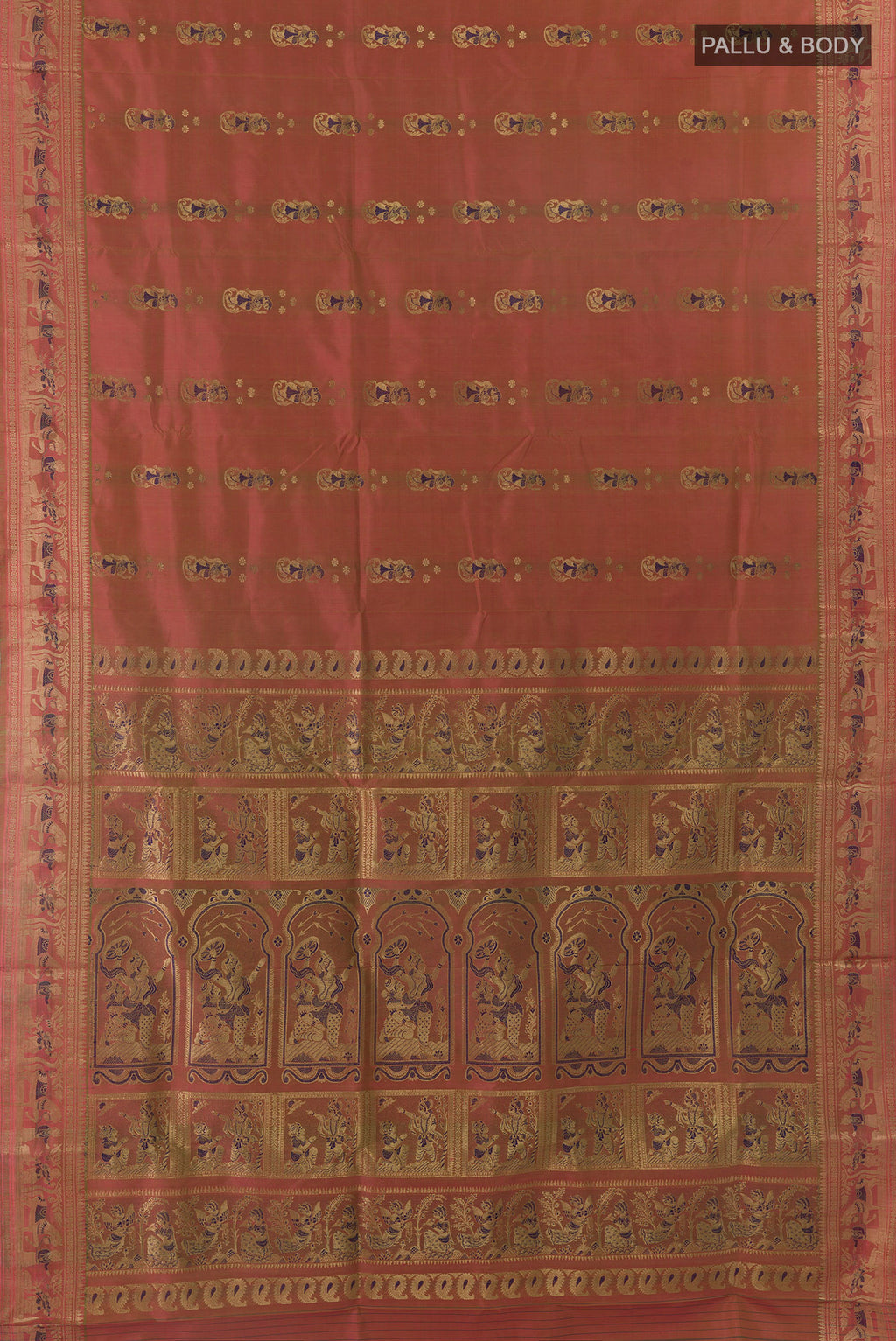 Flat view of Pure Silk Brown Baluchari Saree with Zari And Thread Butta on the body and Zari Border. 
