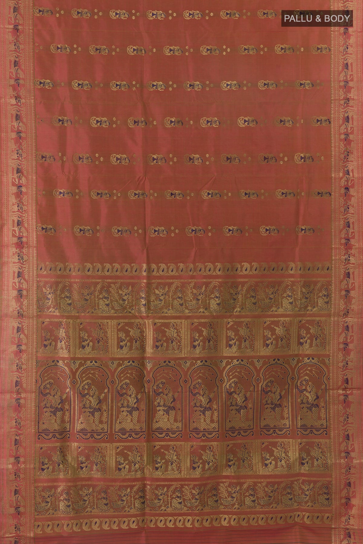 Flat view of Pure Silk Brown Baluchari Saree with Zari And Thread Butta on the body and Zari Border. 