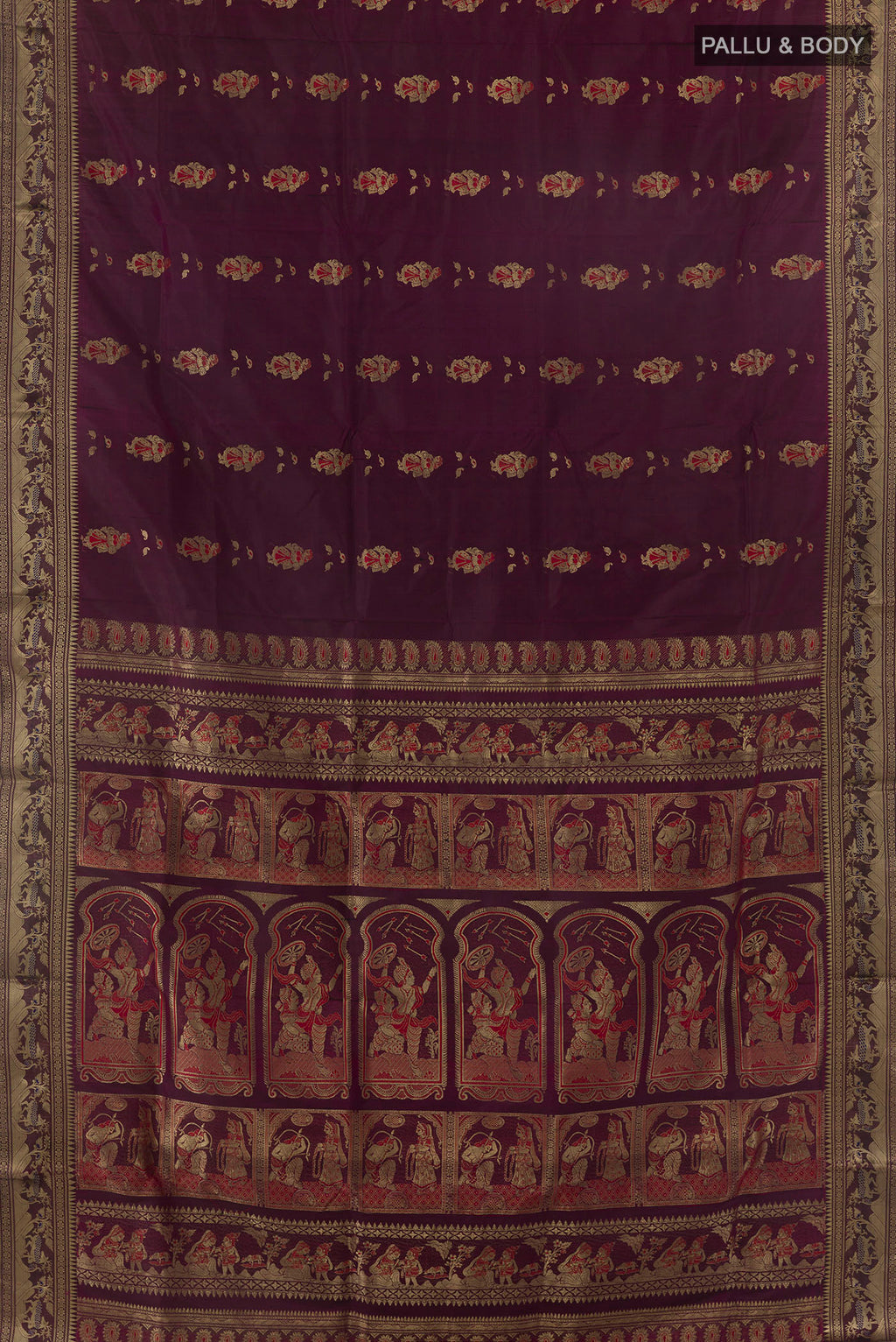 Flat view of Pure Silk Coffee Brown Baluchari Saree with Zari Butta on the body and Zari Border. 