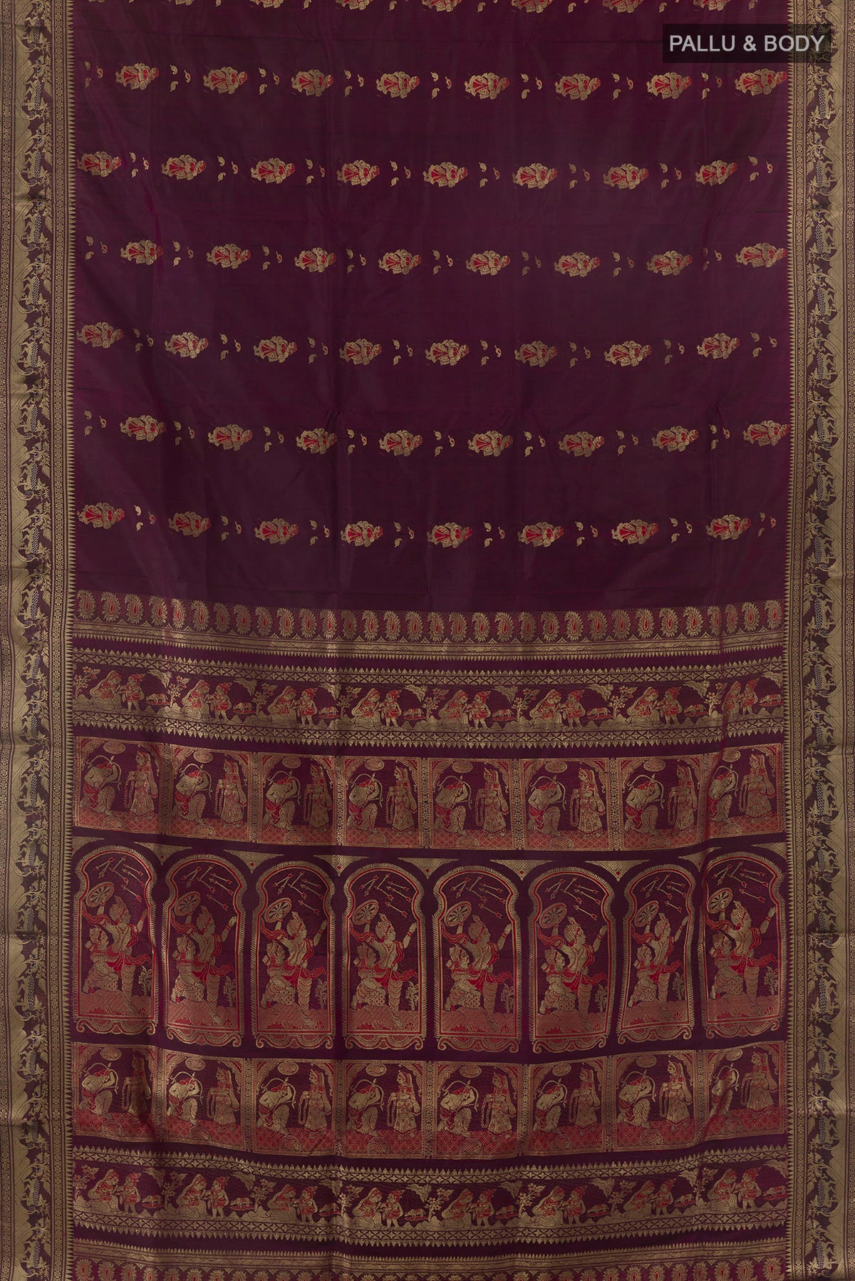 Flat view of Pure Silk Coffee Brown Baluchari Saree with Zari Butta on the body and Zari Border. 