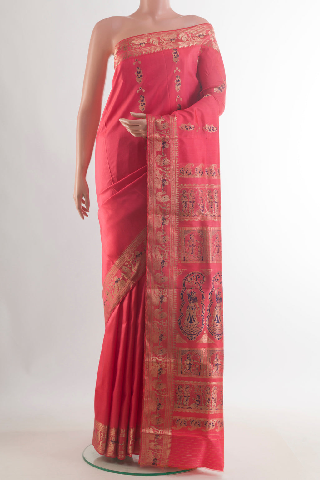 Pure Silk Pink Baluchari Saree with Zari Butta on the body and Zari Border.  displayed on a mannequin