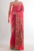 Pure Silk Pink Baluchari Saree with Zari Butta on the body and Zari Border.  displayed on a mannequin