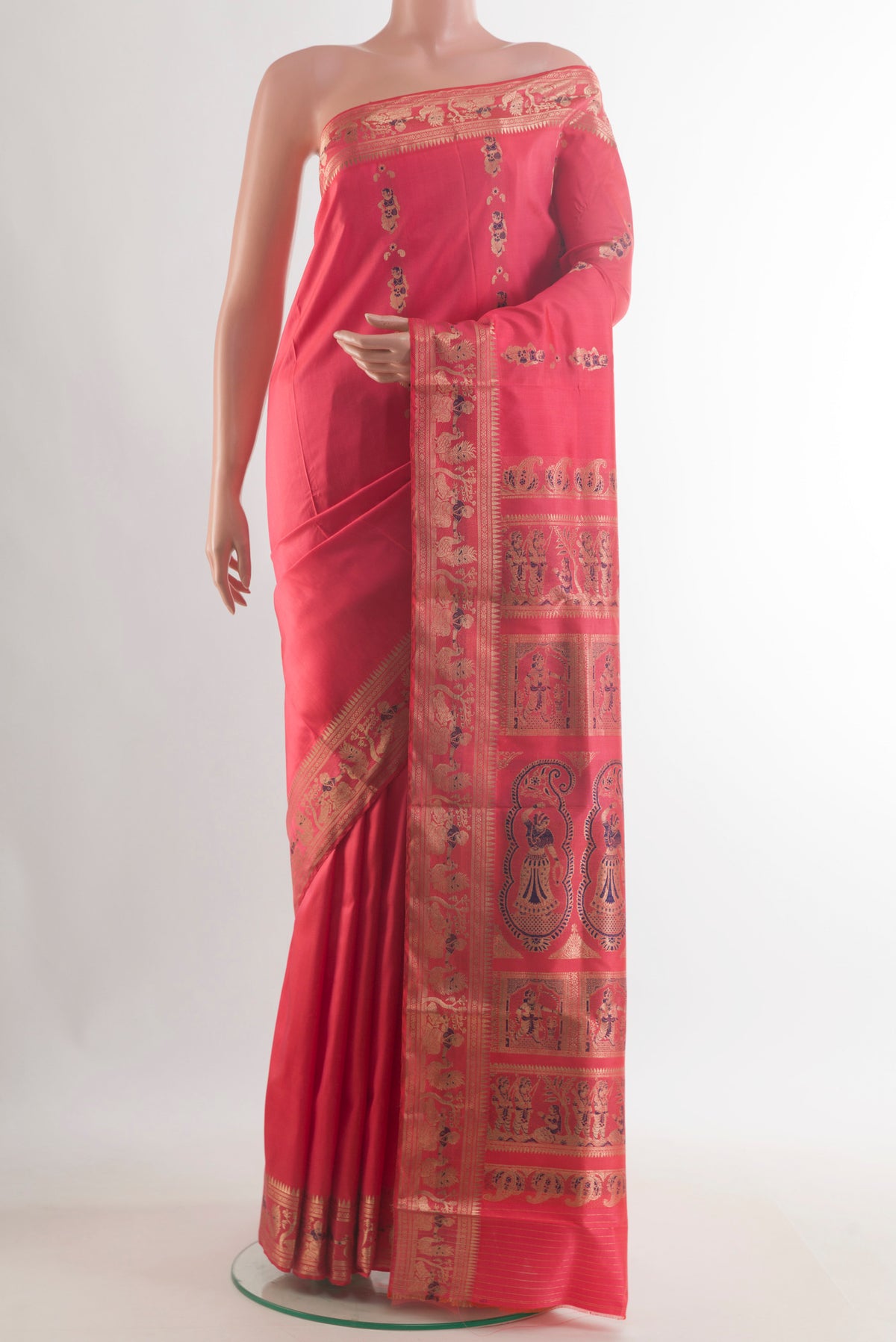 Pure Silk Pink Baluchari Saree with Zari Butta on the body and Zari Border.  displayed on a mannequin