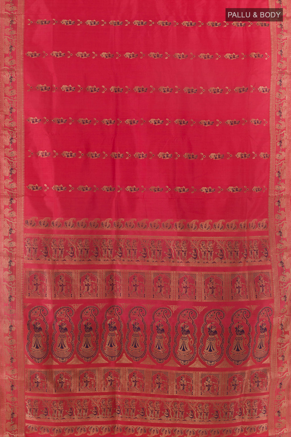 Flat view of Pure Silk Pink Baluchari Saree with Zari Butta on the body and Zari Border. 