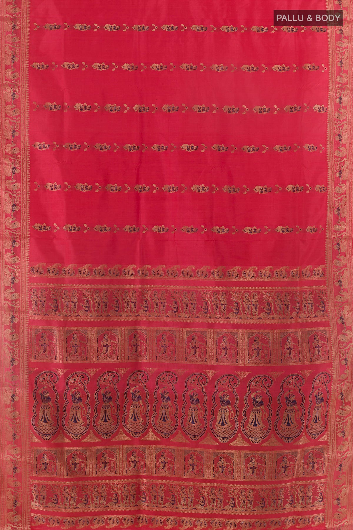 Flat view of Pure Silk Pink Baluchari Saree with Zari Butta on the body and Zari Border. 