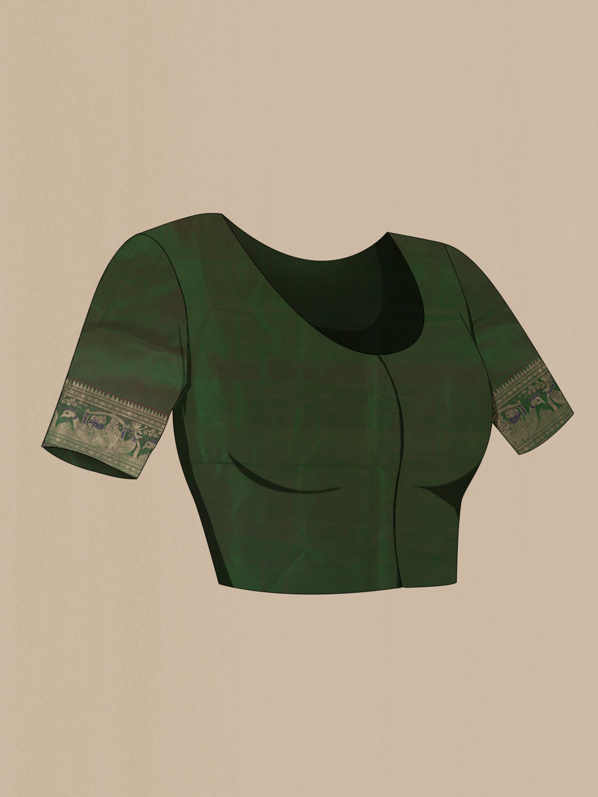 Close up image of the blouse of Pure Silk Green Baluchari Saree with Zari Butta on the body and Zari Border. 
