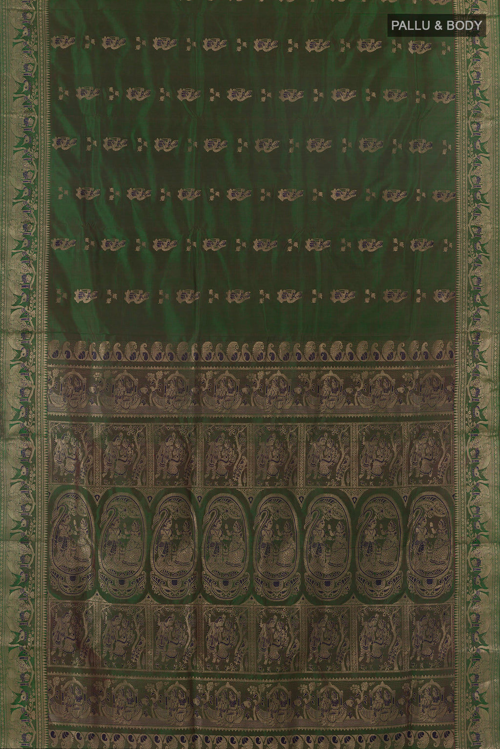 Flat view of Pure Silk Green Baluchari Saree with Zari Butta on the body and Zari Border. 