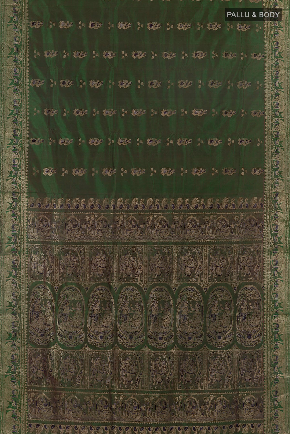 Flat view of Pure Silk Green Baluchari Saree with Zari Butta on the body and Zari Border. 