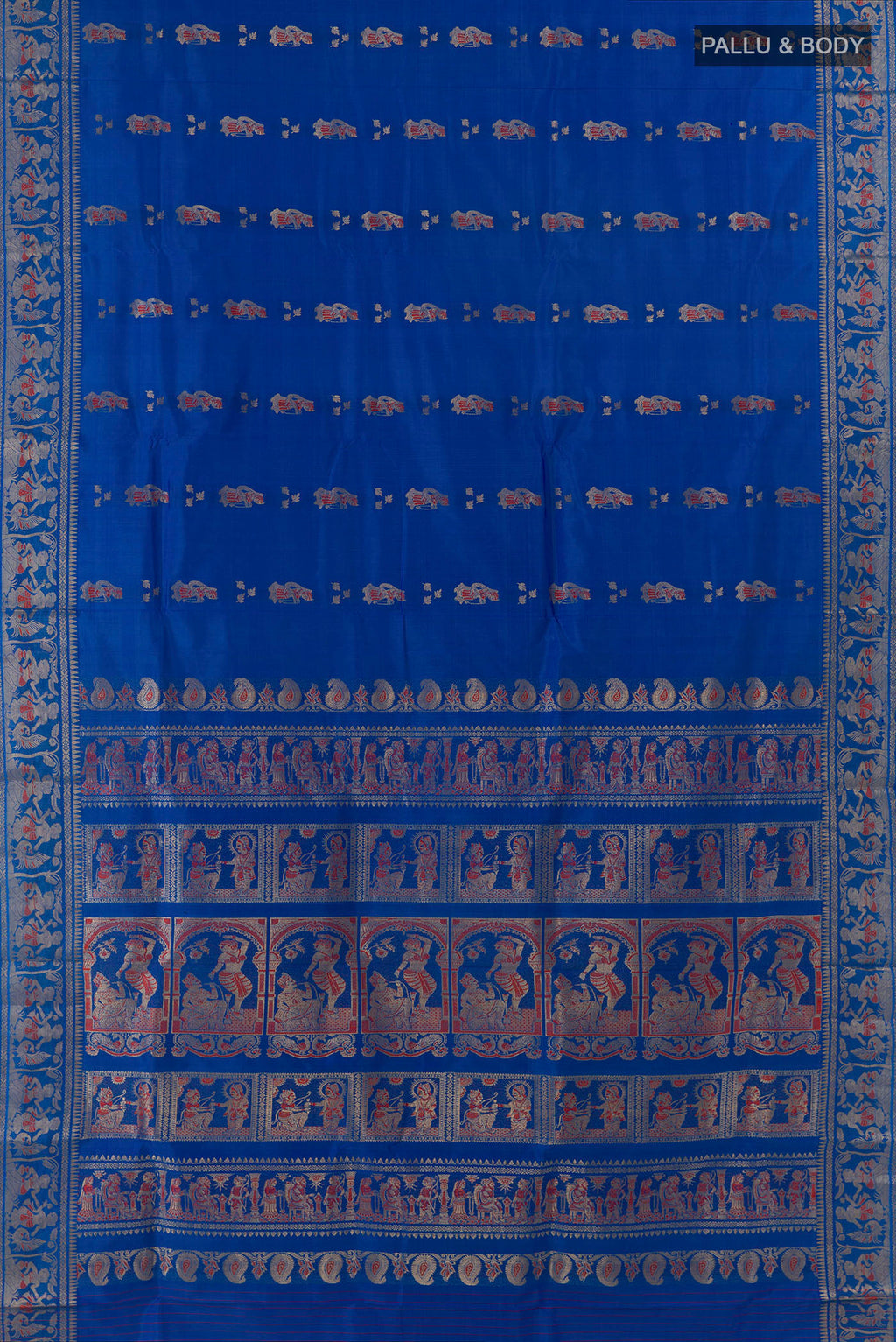 Flat view of Pure Silk Royal Blue Baluchari Saree with Zari And Thread Butta on the body and Zari Border. 