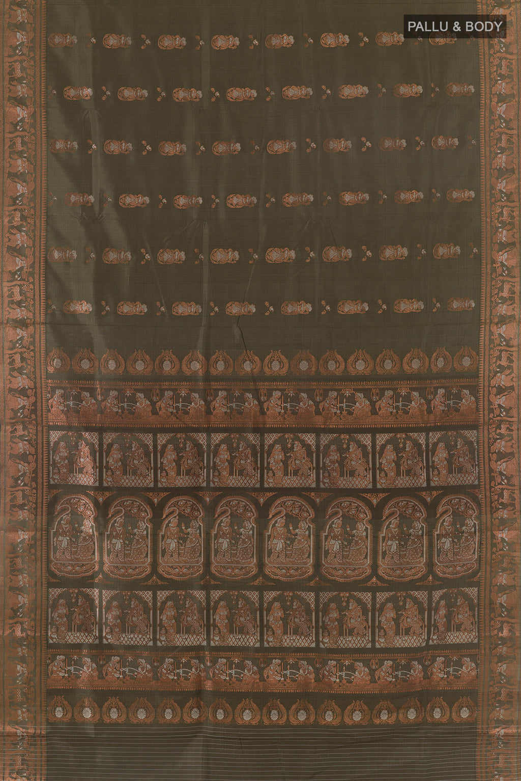 Flat view of Pure Silk Green Baluchari Saree with Zari And Thread Butta on the body and Zari Border. 
