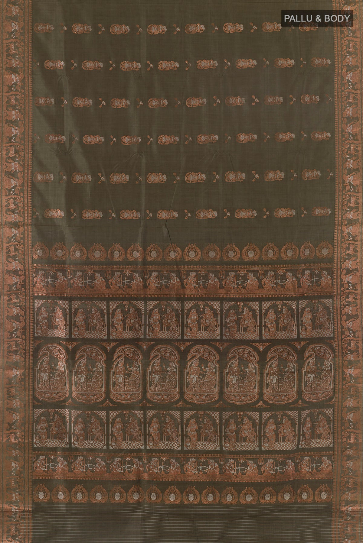 Flat view of Pure Silk Green Baluchari Saree with Zari And Thread Butta on the body and Zari Border. 