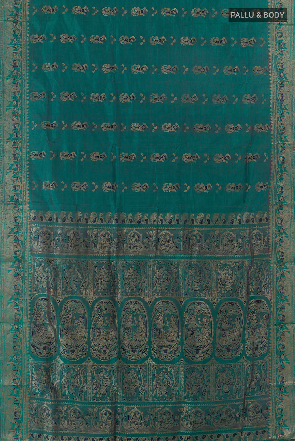 Flat view of Pure Silk Green Baluchari Saree with Zari Butta on the body and Zari Border. 