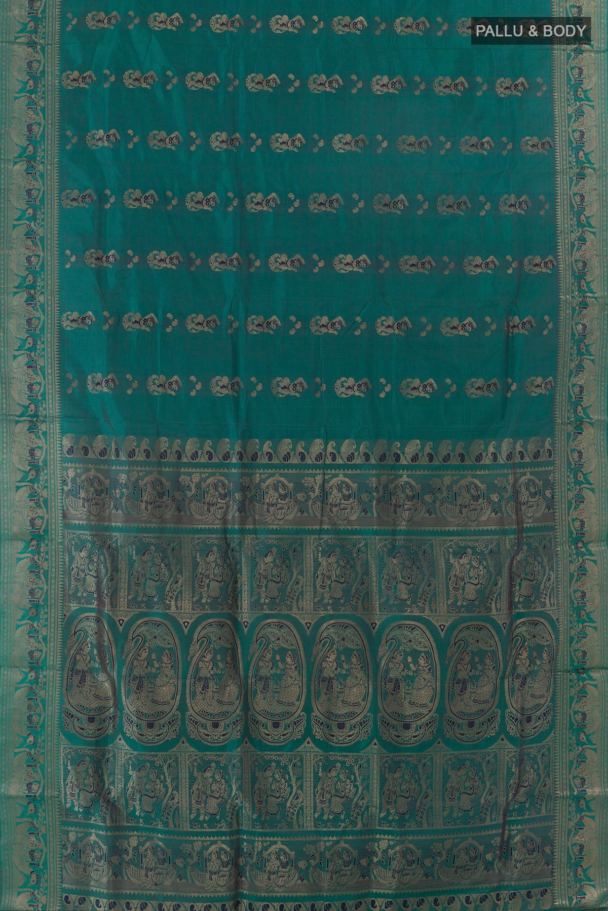Flat view of Pure Silk Green Baluchari Saree with Zari Butta on the body and Zari Border. 