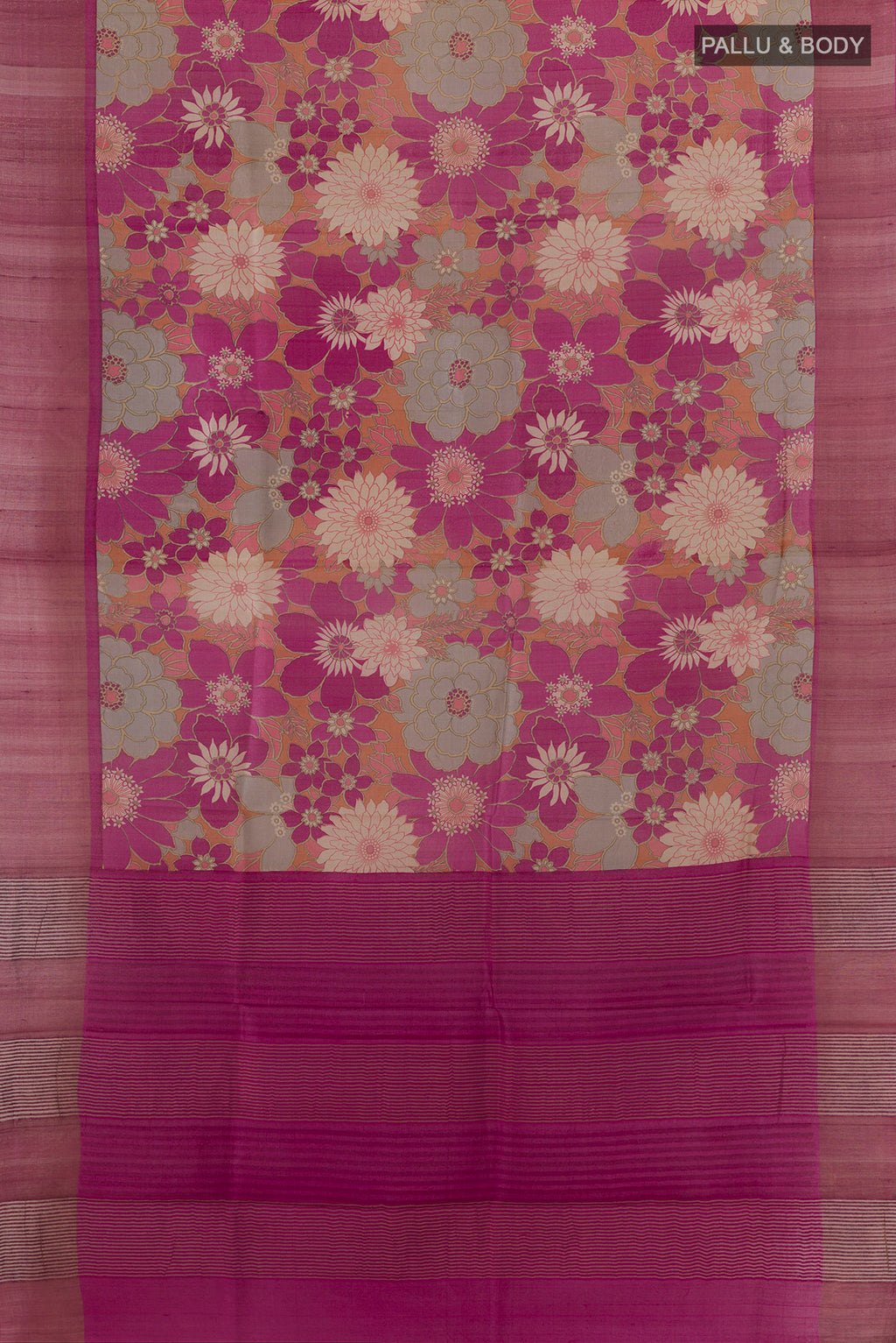 Flat view of Pink Tussar Saree with Floral Print on the body and Zari Border. 