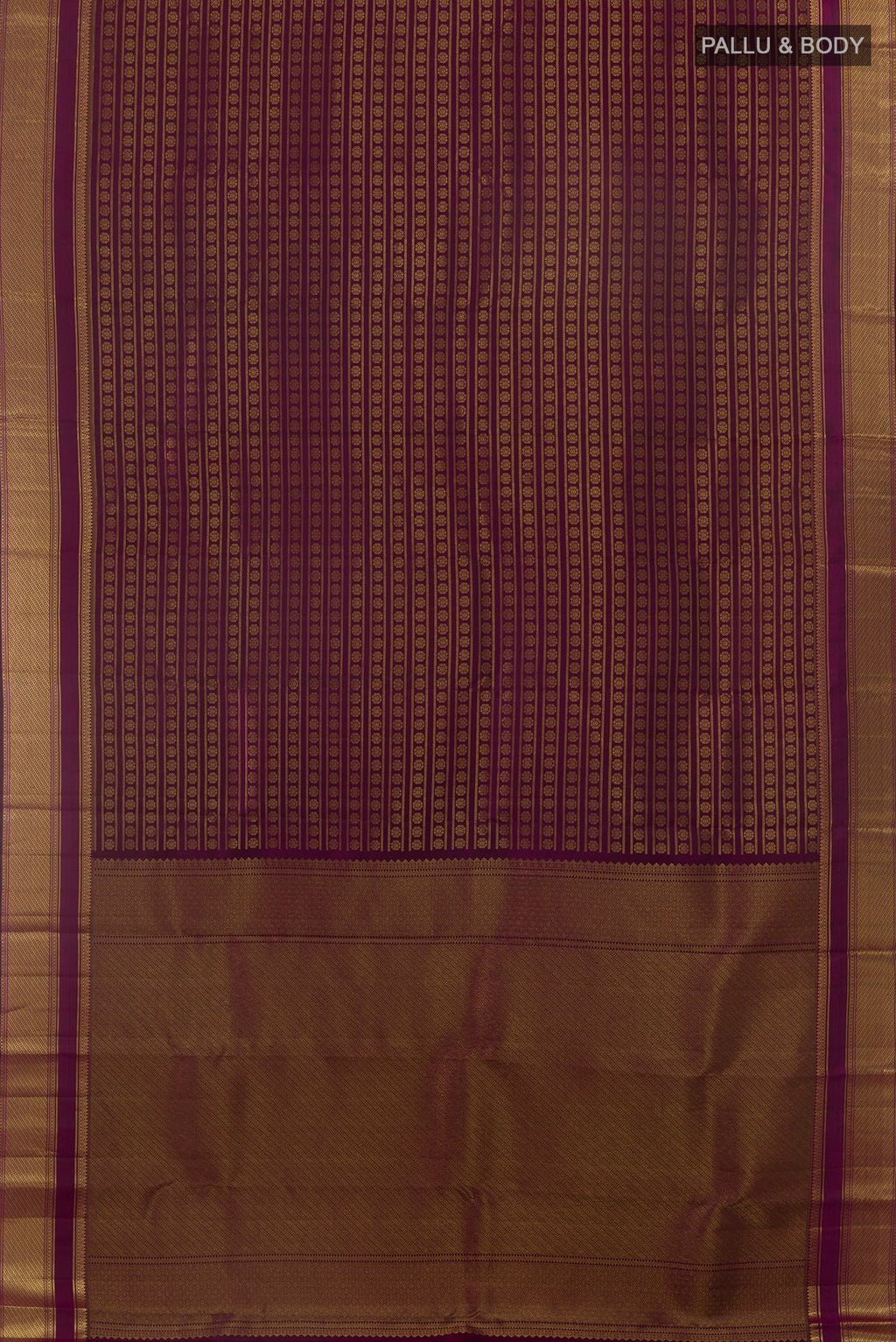 Flat view of Pure Silk Purple Kanchipuram Saree with Zari Brocade on the body and Zari Border. 